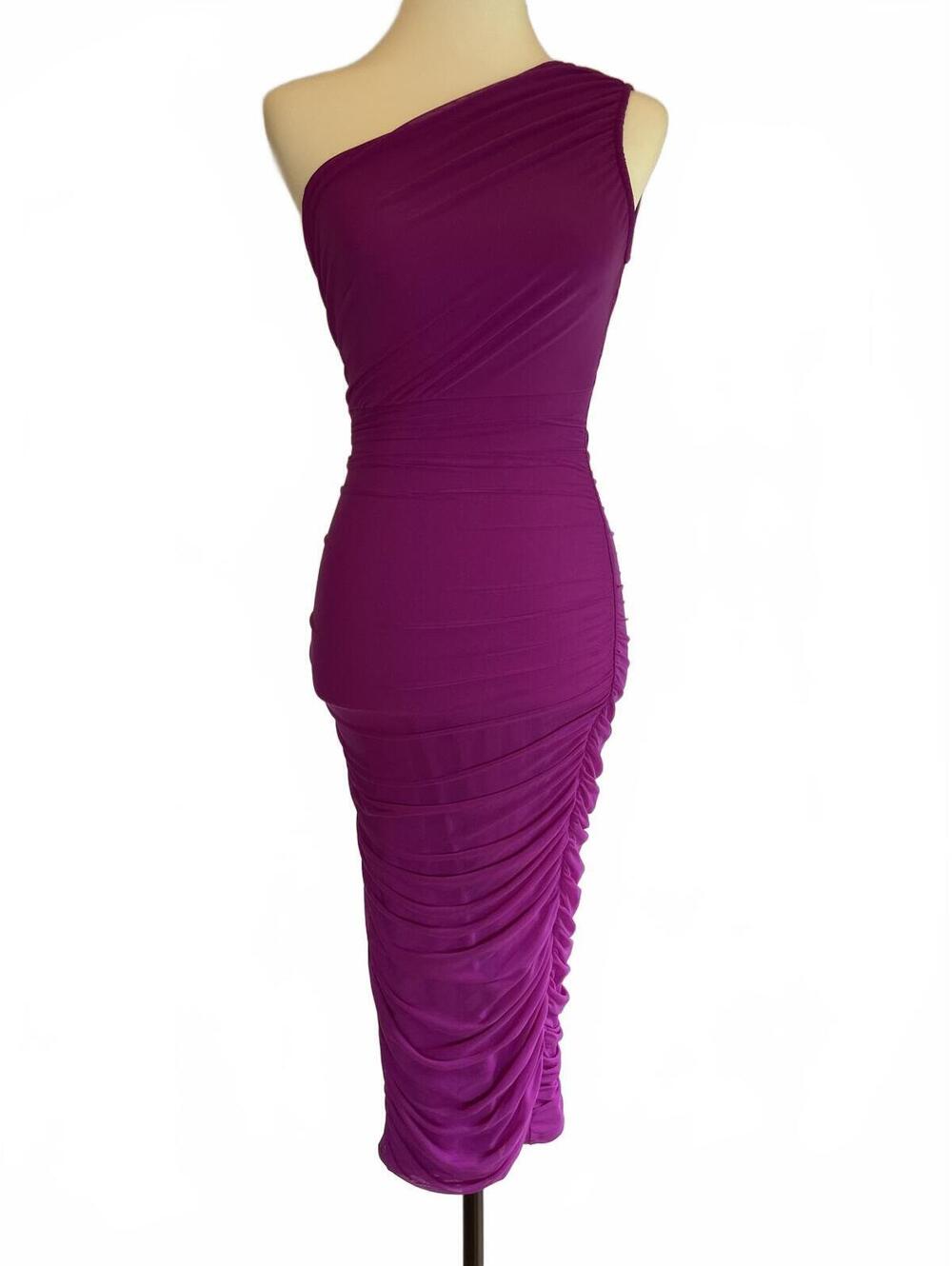 Magenta Ruched Midi Dress S One Shoulder Y2K Baddie Glam Indie Sleaze Party NEW